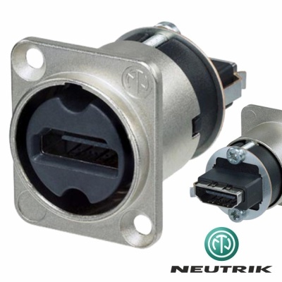 Conector tipo Neutrik em metal prateado e preto com logótipo
