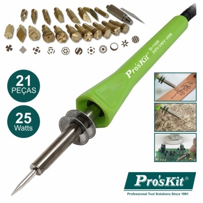 Ferro de soldar Pro'sKit verde com 21 pontas intercambiáveis e 25 Watts