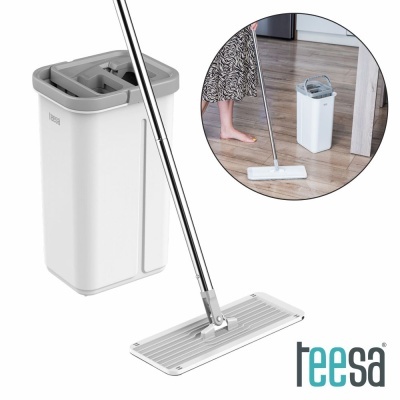 Conjunto de limpeza para chão branco com esfregona e balde delimitado