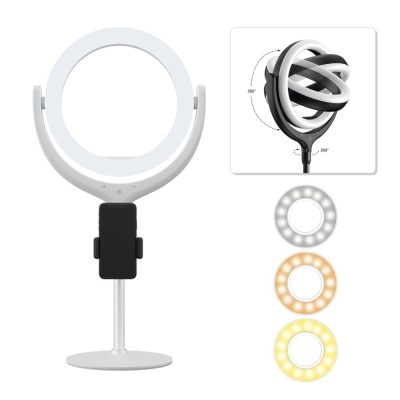 Anel de luz LED circular com suporte para telemóvel e base branca