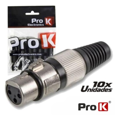 Conector XLR fêmea metálico e preto com embalagem Pro K