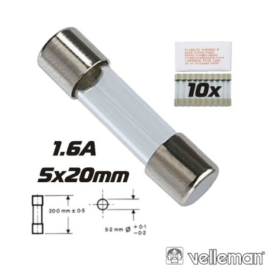 Fusível de vidro 1.6A 5x20mm com embalagem e diagrama técnico