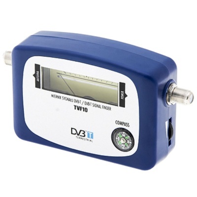 Detector de sinal DVB-T azul e branco com visor e bússola integrada