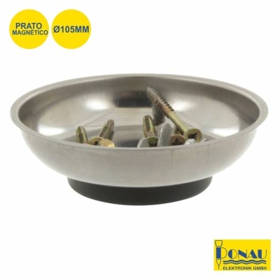 Prato magnético redondo em metal prateado com parafusos dentro