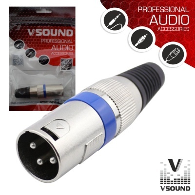 Plugue de áudio profissional VSOUND prateado com anel azul e corpo preto em embalagem