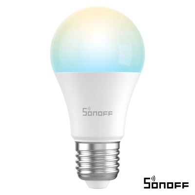 Lâmpada LED inteligente Sonoff com topo azul e amarelo, corpo branco e base metálica