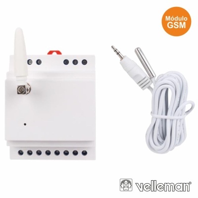 Módulo GSM branco com antena e cabo branco com conector de 3,5 mm