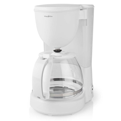 Máquina de café branca com jarra de vidro e pega branca