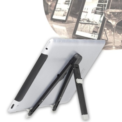 Suporte preto para tablet com dois apoios ajustáveis segurando um tablet branco