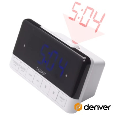 Relógio despertador digital Denver branco e preto com ecrã LED azul e projetor de horas vermelho