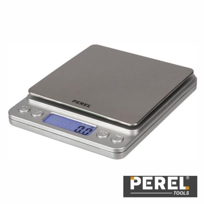 Balança digital de cozinha prateada com visor LCD e botões