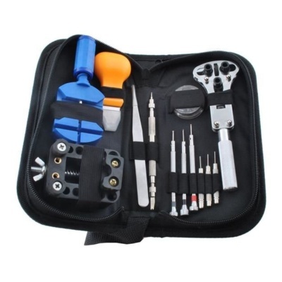 Conjunto de ferramentas para relógios em bolsa preta com zíper