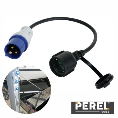 Adaptador de cabo elétrico com conector macho azul e conector fêmea preto com tampa.