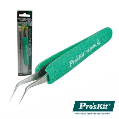 Pinça verde Pro'sKit com ponta curva em embalagem