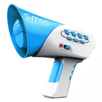 Megafone branco e azul com botões e texto Smart VOICE CHANGER
