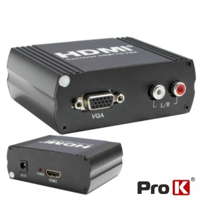 Conversor HDMI para VGA preto com portas VGA, áudio e HDMI da marca ProK