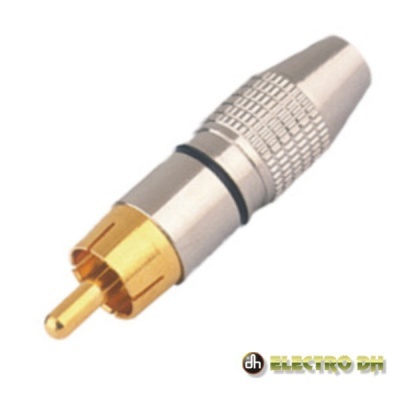 Plugue RCA metálico dourado e prateado com anel preto