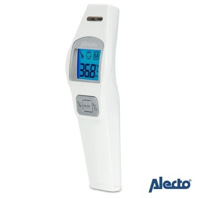 Termómetro digital branco com ecrã azul e marca Alecto