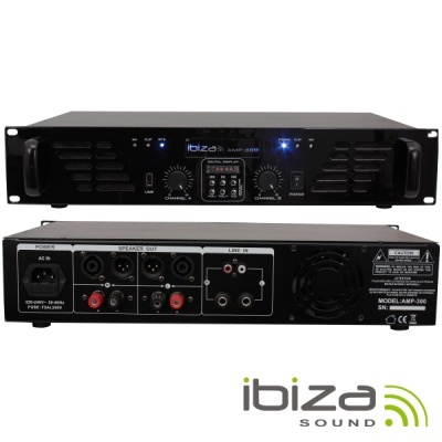 Amplificador preto Ibiza Sound AMP-300 com controles e conexões