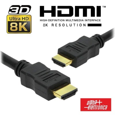 Cabo HDMI preto com conectores dourados e texto promocional 8K Ultra HD