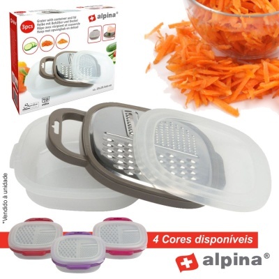 Ralador com recipiente transparente, grelha inox e moldura cinza da alpina com embalagem e cenoura ralada