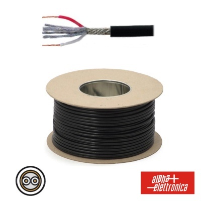 Carretel de cabo coaxial preto com fios visíveis e logótipo alpha elettronica