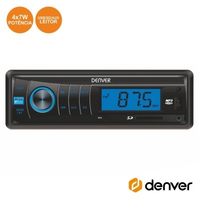 Rádio de carro preto Denver com visor digital azul e entradas USB/SD