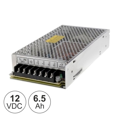 Fonte de alimentação metálica cinza com terminais de ligação e etiquetas 12 VDC 6.5 Ah