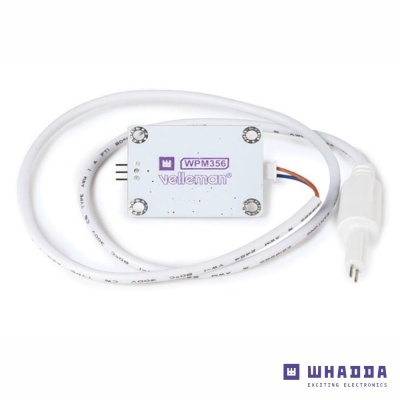 Módulo eletrônico branco Velleman WPM356 com cabo e plugue branco em fundo branco