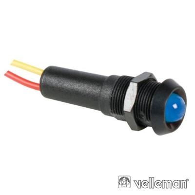 Sensor fotocélula preto com lente azul e fios amarelo e vermelho