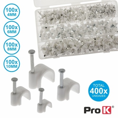 Conjunto de presilhas para cabo Pro K com prego em embalagem transparente