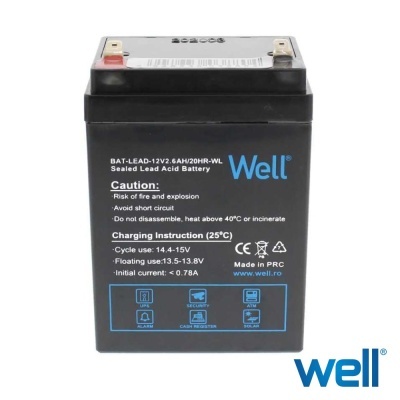 Bateria selada de chumbo preta com etiquetas azuis e brancas da marca Well