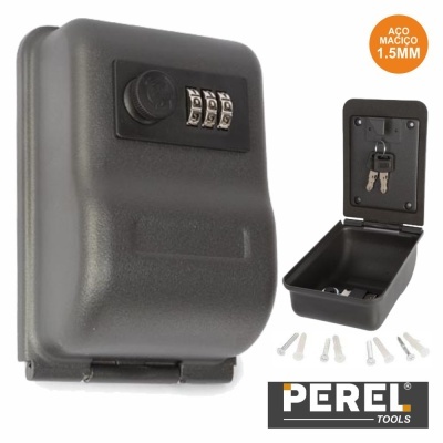 Caixa de segurança preta em aço com fechadura de combinação e acessórios.