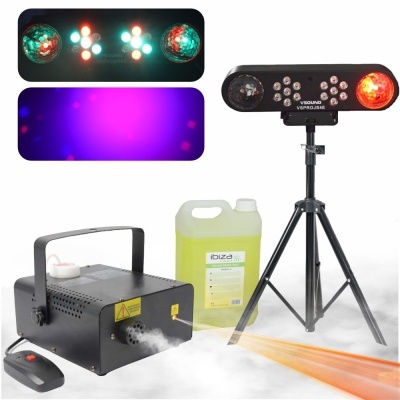 Conjunto de máquina de fumo com líquido, luz LED multicolorida em tripé e projeções de luz coloridas