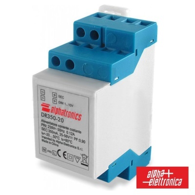 Relé temporizador DR350-20 branco e azul da Alphatronics com etiquetas técnicas visíveis