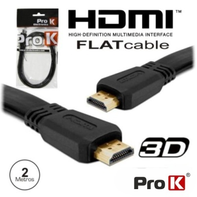 Cabo HDMI preto flat 2 metros Pro K com conectores banhados a ouro