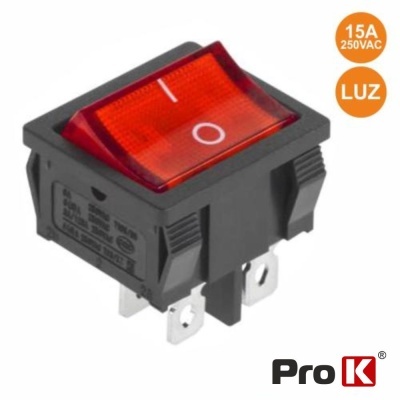 Interruptor eletrónico Pro K vermelho e preto com texto 15A 250VAC e LUZ