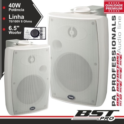 Colunas de áudio brancas BST PRO PA PROFESSIONALS com potência 40W e woofer de 6,5 polegadas