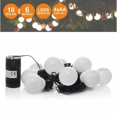 Luzes decorativas com 10 bolas LED brancas em cabo preto com bateria.