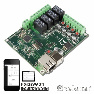 Placa eletrónica verde com relés e conectores, junto a dispositivo móvel com app e texto SOFTWARE IOS ANDROID