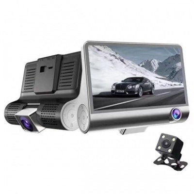 Dashcam cinzenta e preta com ecrã e câmara pequena preta externa