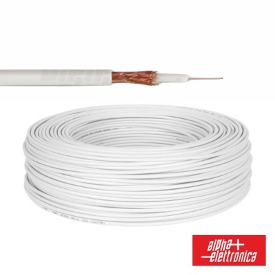 Bobina de cabo coaxial branco com secção transversal e logo alpha elektronica