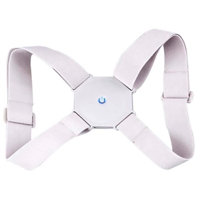 Corrector de postura branco com alças ajustáveis e botão azul central