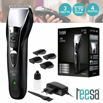 Aparelho de cortar cabelo preto com acessórios e caixa preta