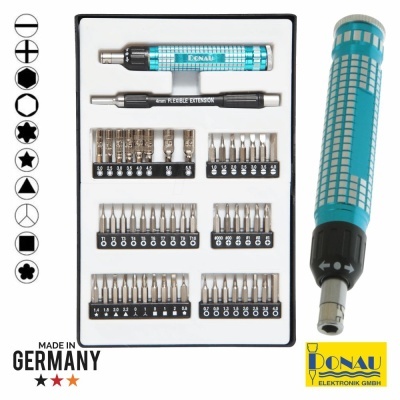 Kit de ferramentas de precisão azul e preto com múltiplas pontas metálicas em embalagem branca