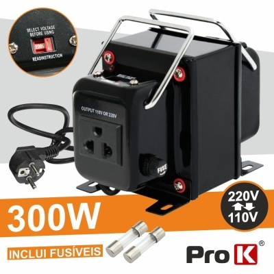 Transformador elétrico Pro K 300W preto com cabo e fusíveis