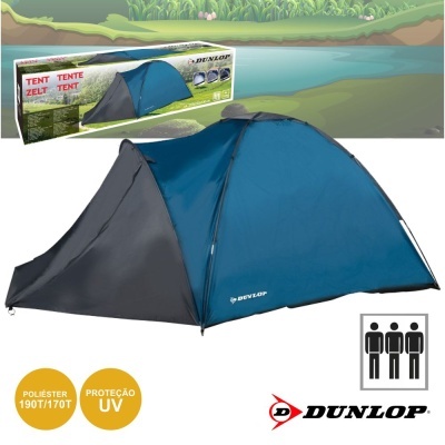 Tenda de campismo azul e cinza Dunlop com caixa e ícones de capacidade para três pessoas
