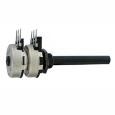 Potenciômetro rotativo metálico com eixo longo e pinos de ligação