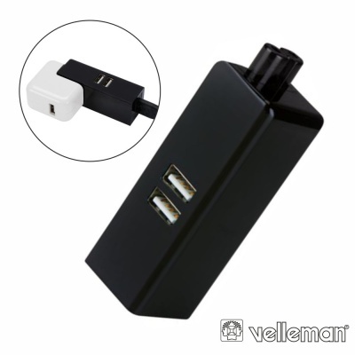 Adaptador USB preto com duas entradas e botão rotativo, imagem adicional com adaptador USB branco e preto conectados