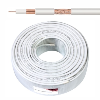 rolo de cabo coaxial branco com condutor de cobre e blindagem metálica